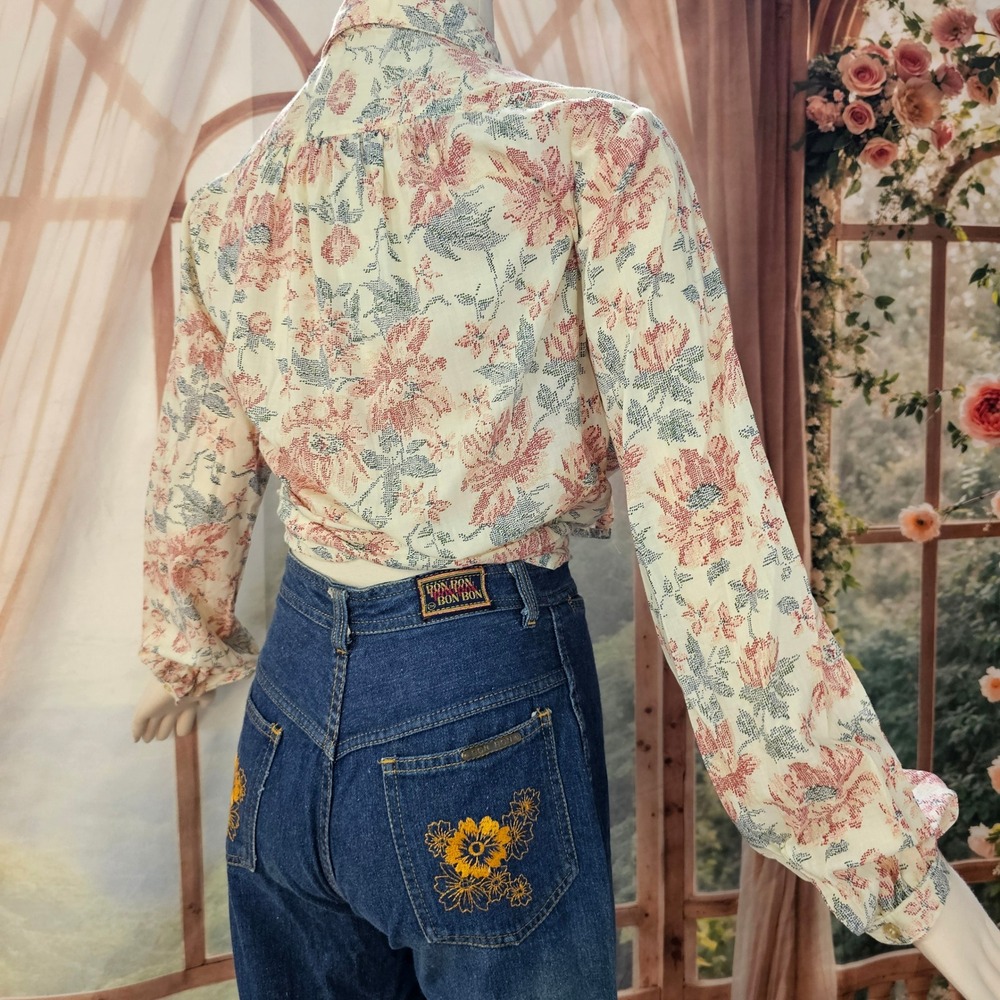 Vintage 1960's Floral Button Down Blouse Orange Label Long Sleeve Top
Cream Blue - Picture 3 of 12